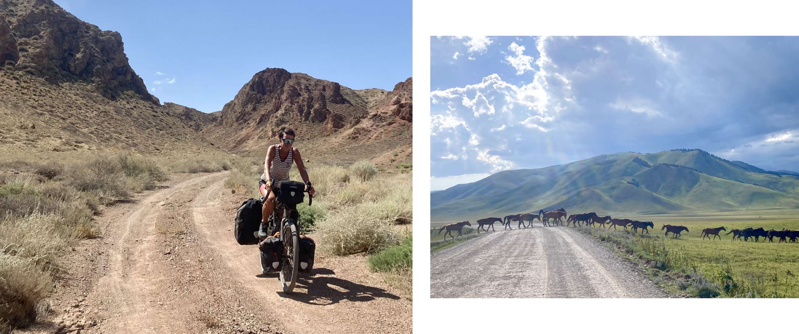 Cycliste chargée de bagages pédale sur un chemin poussiéreux à travers un paysage montagneux sous un ciel bleu.