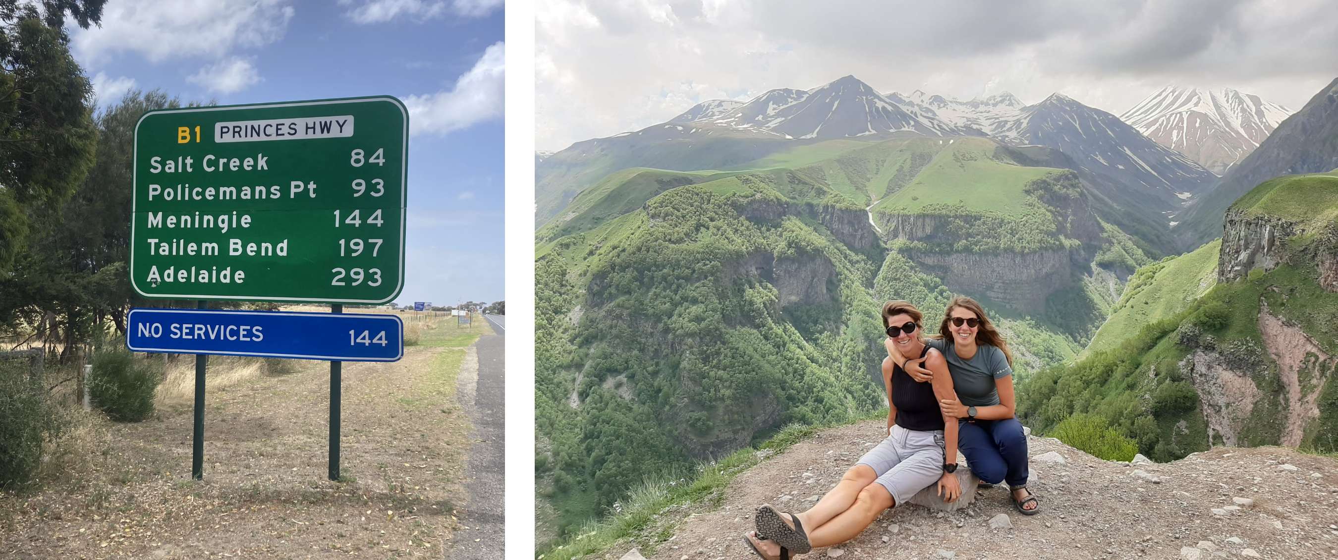 Marie et Marleen sont assises sur un rocher au bord d’une falaise, avec un impressionnant paysage montagneux en arrière-plan.