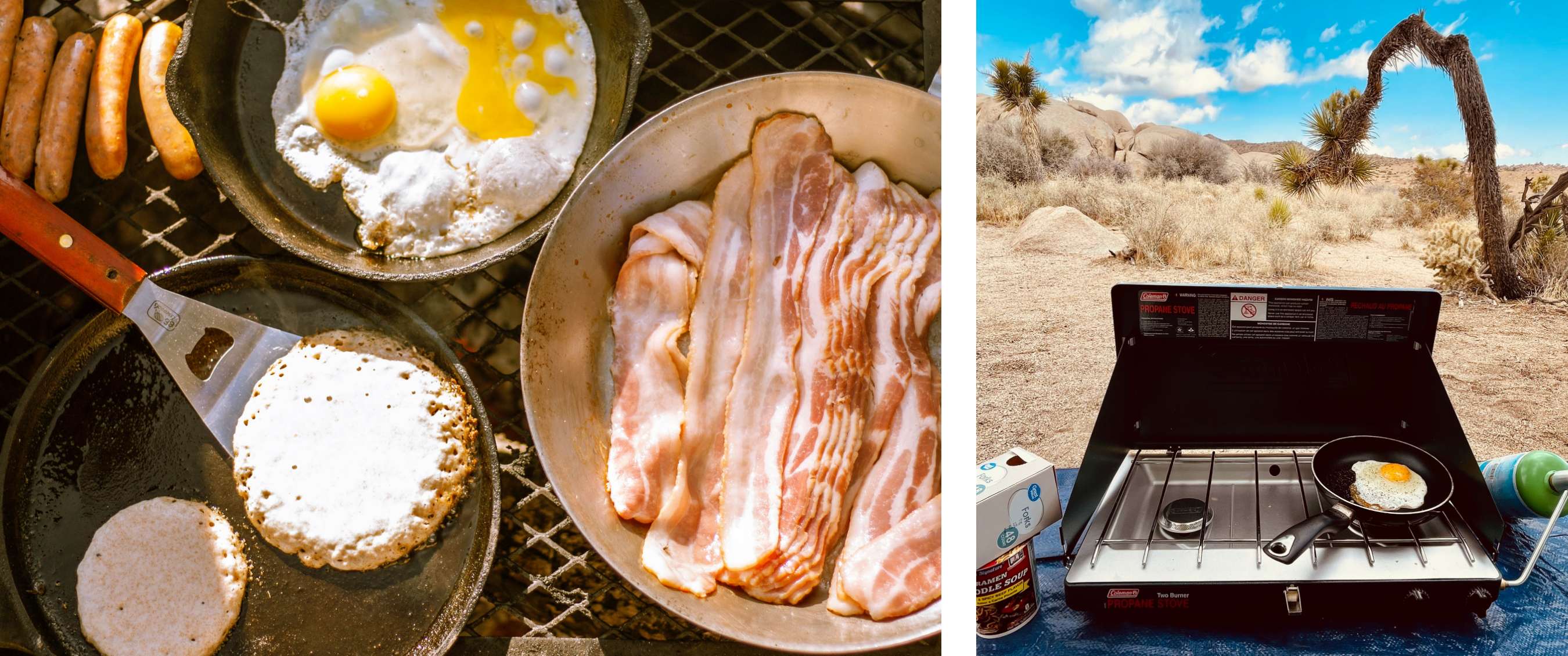 Cuisson des œufs avec du bacon en camping