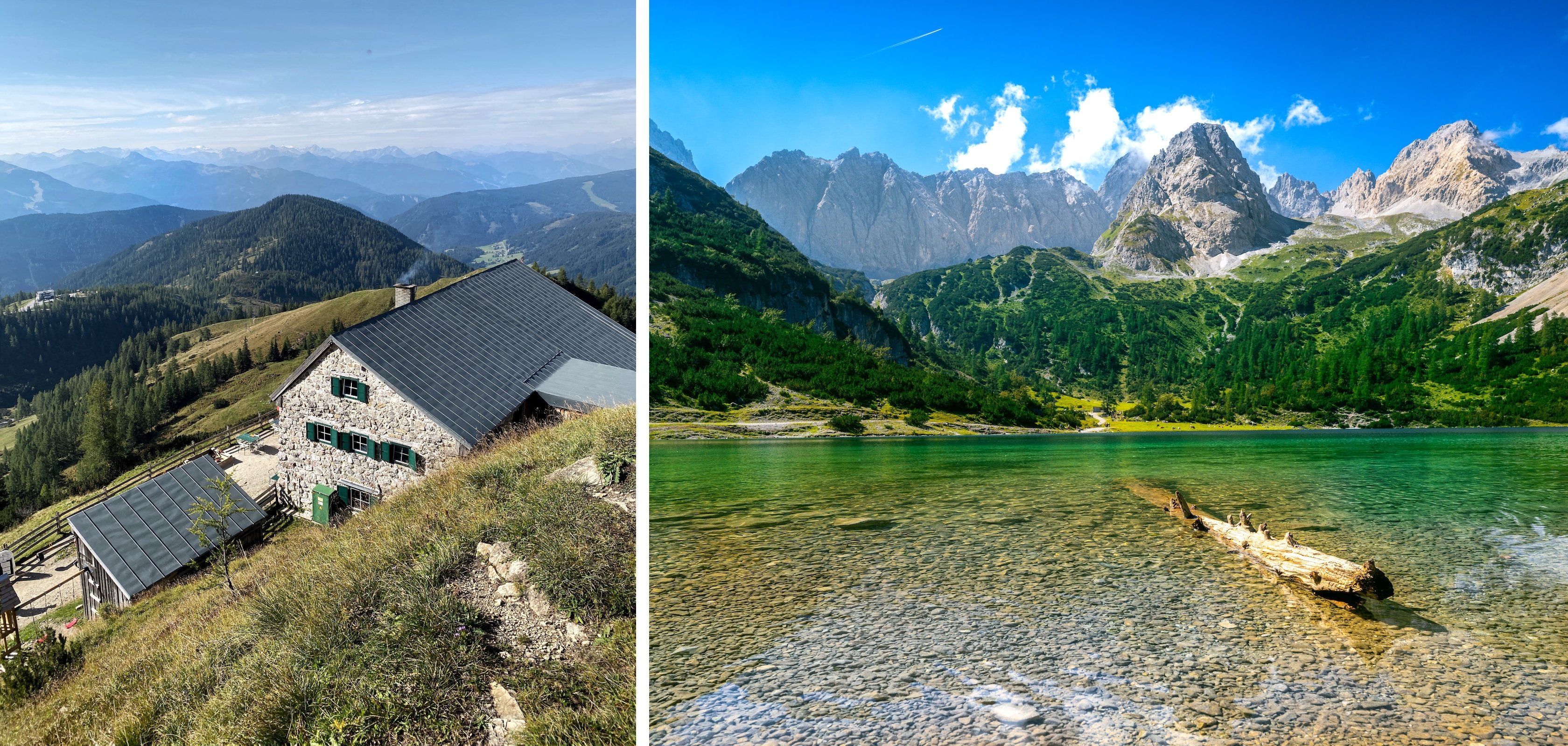 Un refuge parfait pour passer la nuit lors d’une randonnée de refuge en refuge en Autriche / Un magnifique lac lors d’une randonnée de refuge en refuge en Autriche