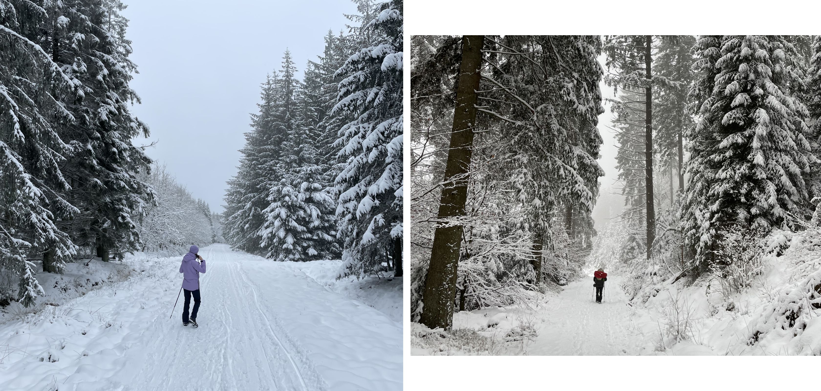 Vrouw en backpacker doen een sneeuwwandeling in België